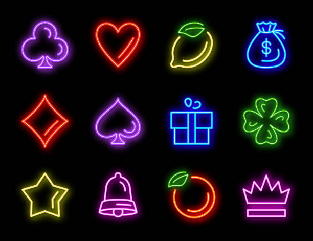 ilustrações de stock, clip art, desenhos animados e ícones de slot machine neon icons for casino gambling - neon orange