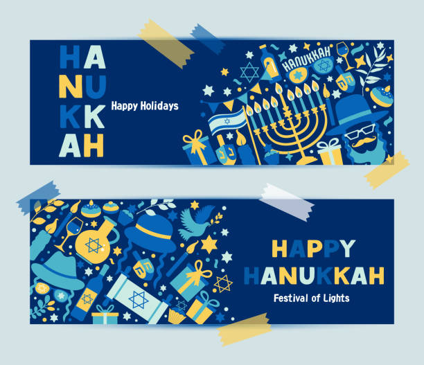yahudi tatil hanukkah afiş koyu mavi set ve davet geleneksel chanukah sembolleri. - musevilik illüstrasyonlar stock illustrations
