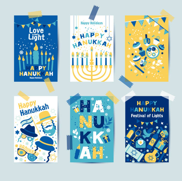 ilustrações, clipart, desenhos animados e ícones de jogo das cores seis cartões de hanukkah com velas, dreidel, estrela judaica, petróleo, menorah, filhós, queque, confetti, letras. disposição para o festival do convite das luzes, cartões judaicos. - holiday happiness menorah hanukkah