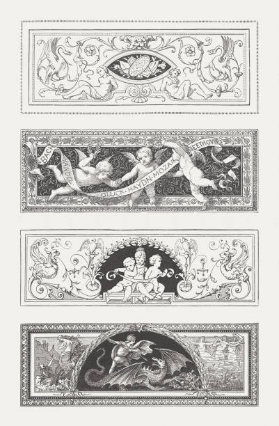 Vignettes with grotesque ornaments, wood engravings, published in 1885 Vignettes with grotesque ornaments: Putti, children, St. George, and ather motifs. Wood engravings, published in 1885. cherub stock illustrations