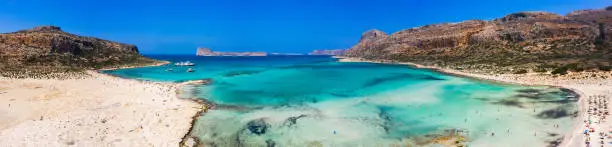 Amazing aerial panoramic view on the famous Balos beach in Balos lagoon and pirate island Gramvousa. Place of the confluence of three seas (Aegean, Adriatic, Libyan). Balos beach, Chania. Crete island. Greece. Europe.
