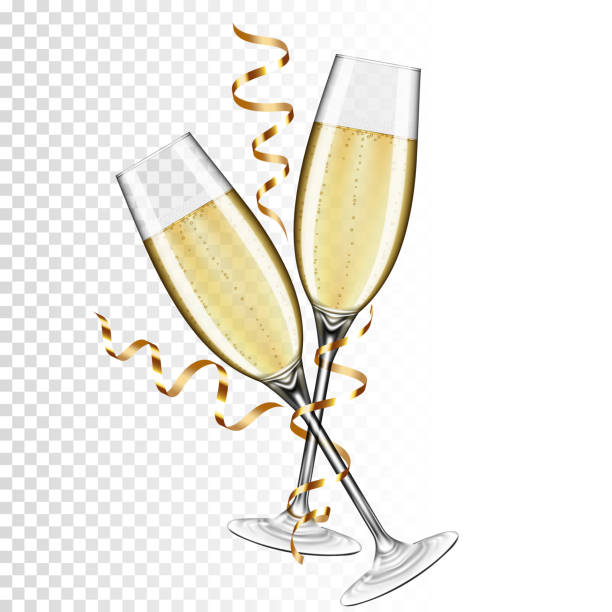 illustrazioni stock, clip art, cartoni animati e icone di tendenza di due bicchieri di champagne, isolati su sfondo trasparente. - brindisi evento festivo illustrazioni