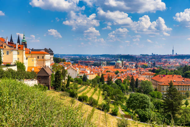 panorama del castello di praga e della città minore. vista da petrin hill. praga, repubblica ceca. panorama primaverile di praga dalla collina di praga con castello di praga, fiume moldava e architettura storica. cechia. - hradcany castle prague czech republic spring foto e immagini stock