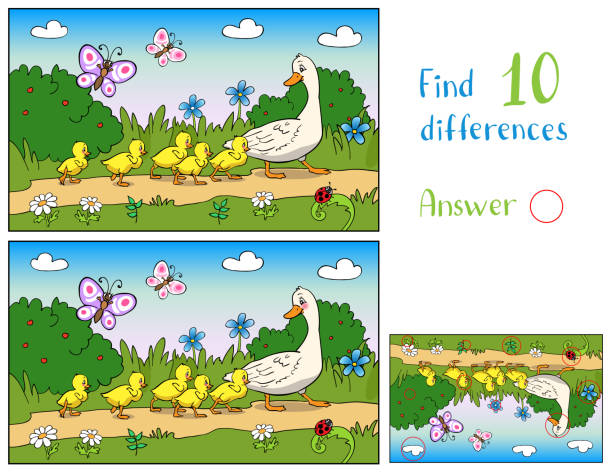 ilustraciones, imágenes clip art, dibujos animados e iconos de stock de pato madre y patitos en un prado con mariposas. encuentra 10 diferencias. - spring grass cloud butterfly