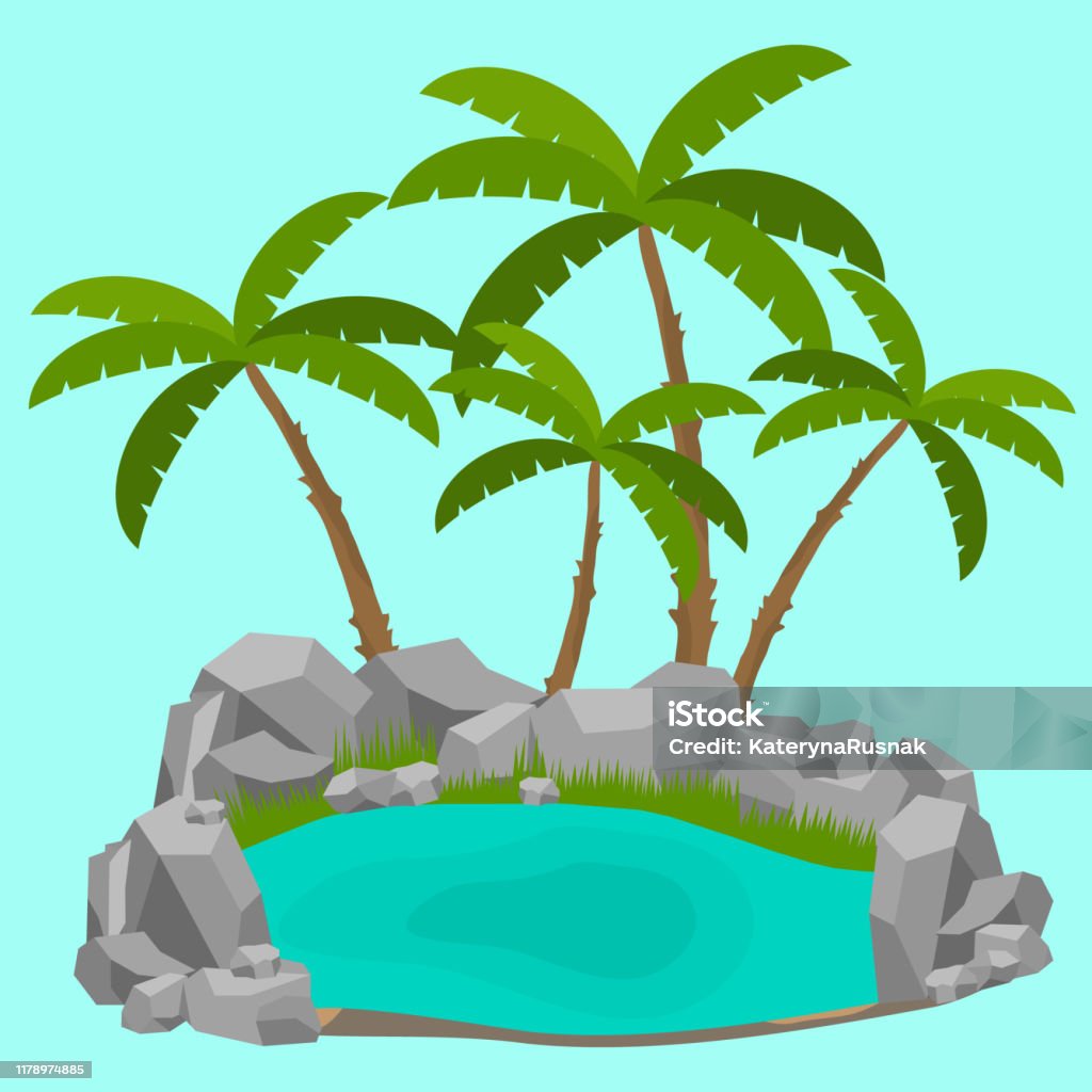 Lake Rocks Vector Lake A Realistic Lake With Rocks And Palm Trees Flat Design Vector ...