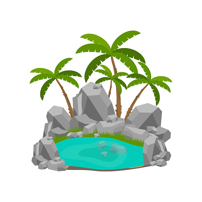 Lake, a realistic lake with rocks and palm trees. Flat design, vector illustration, vector.
