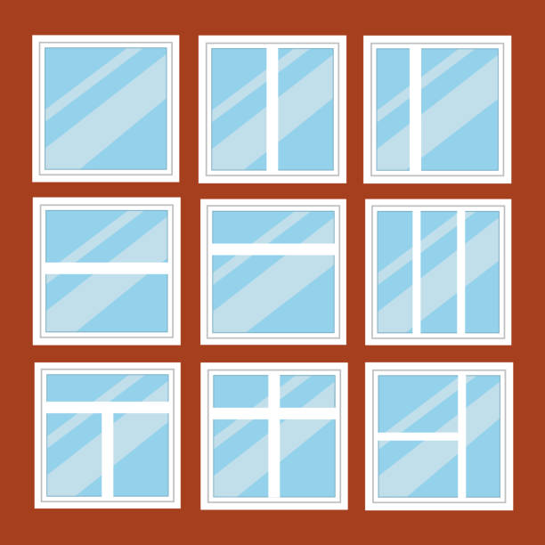 Different types house windows elements flat style glass frames construction decoration apartment vector illustration. Different types house windows elements flat style glass frames construction decoration apartment vector illustration. double hung window stock illustrations