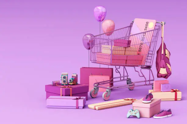 Photo of Supermarket shopping cart surrounding by giftbox with credit card on purple background. 3d rendering