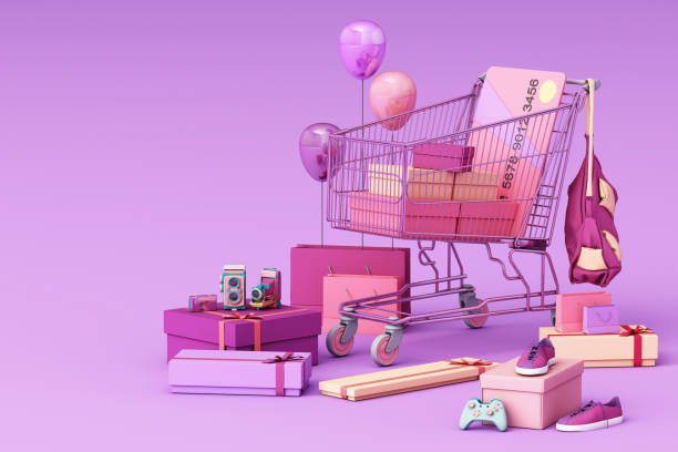 supermarket shopping cart surrounding by giftbox with credit card on purple background. 3d rendering - saco objeto manufaturado ilustrações imagens e fotografias de stock