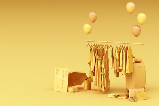 Clothes on a hanger surrounding by bag and market prop with credit card on the floor. 3d rendering