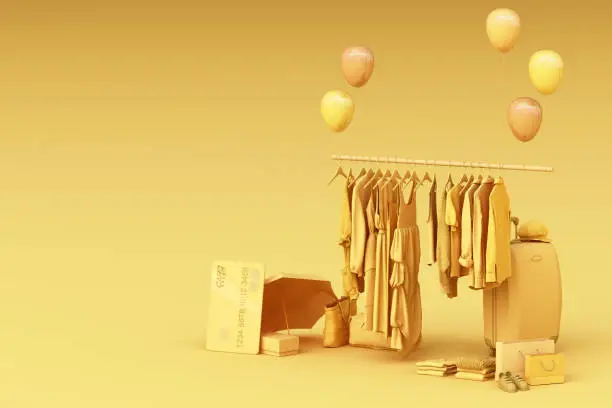 Photo of Clothes on a hanger surrounding by bag and market prop with credit card on the floor. 3d rendering