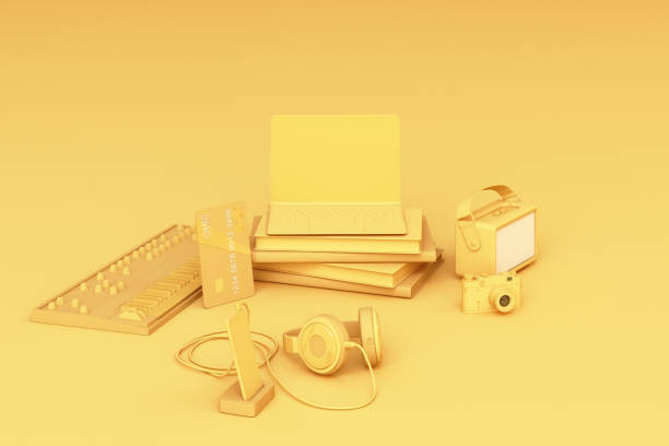 istock Laptop surrounding by colorful gadgets on yellow background. 3d rendering 1178981917