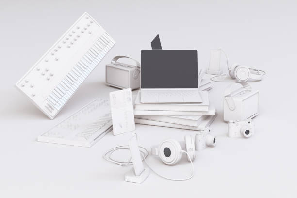 Laptop surrounding by colorful gadgets on white background. 3d rendering