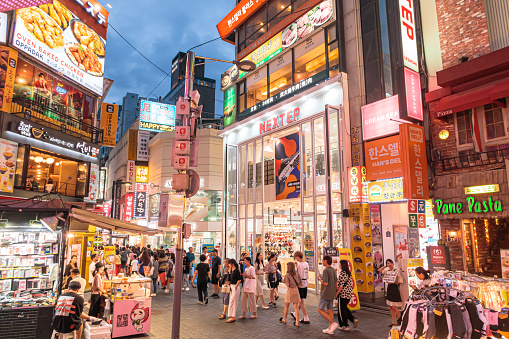 Seoul, South Korea - 29 July, 2019  : Street view in Myeongdong district. Myeongdong is a community full of young, underground culture. Cafes, galleries, and fashion stores.