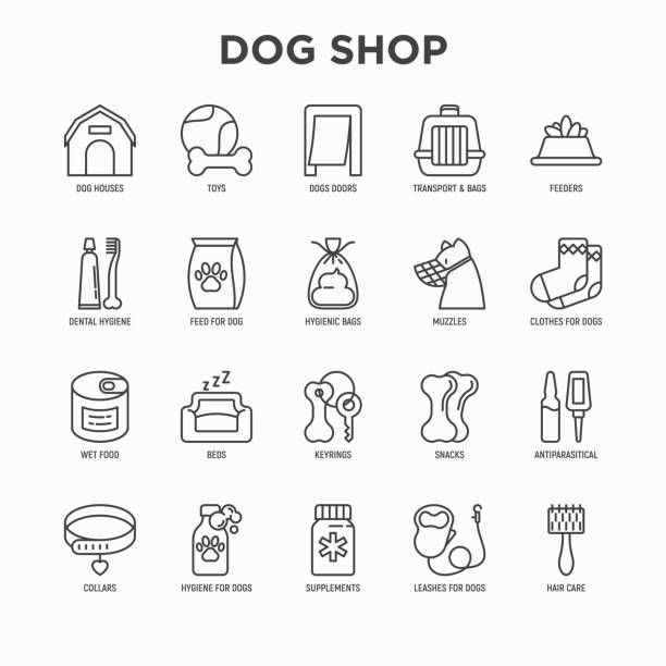 Dog shop thin line icons set: bags for transportation, feeders, toys, doors, dental hygiene, muzzle, snacks, hygienic bags, dry food, wet food, collar, haircare, supplements. Vector illustration. Dog shop thin line icons set: bags for transportation, feeders, toys, doors, dental hygiene, muzzle, snacks, hygienic bags, dry food, wet food, collar, haircare, supplements. Vector illustration. pet toy stock illustrations