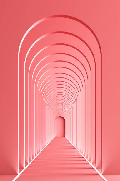istock 3d rendering arc rhythm hallway with LED strip light in pink color tone 1178983259