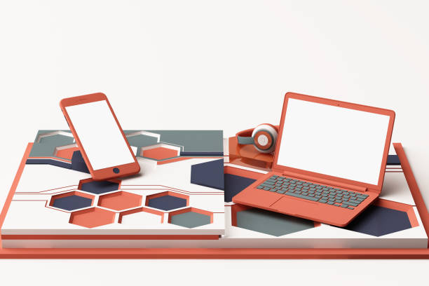 istock Laptop,smartphone and headphone with technology concept abstract composition of geometric shapes platforms in orange and blue color. 3d rendering 1178984225