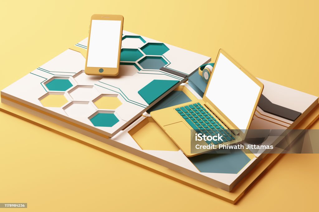 Laptop,smartphone and headphone with technology concept abstract composition of geometric shapes platforms in yellow and green color. 3d rendering Three Dimensional Stock Photo