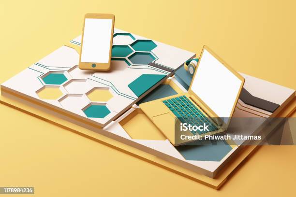 Laptopsmartphone And Headphone With Technology Concept Abstract Composition Of Geometric Shapes Platforms In Yellow And Green Color 3d Rendering Stock Photo - Download Image Now