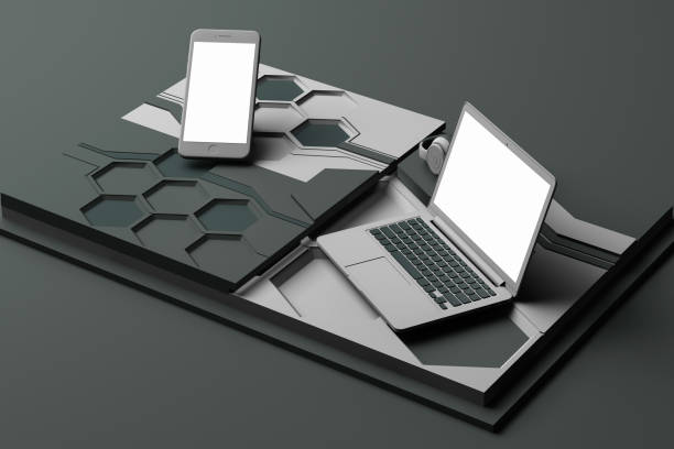 istock Laptop,smartphone and headphone with technology concept abstract composition of geometric shapes platforms in grey color. 3d rendering 1178984251