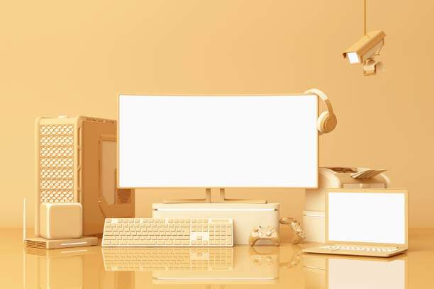istock Computer and loptop white screen with many gadgets on teble in pastel yellow tone. 3d rendering 1178984282