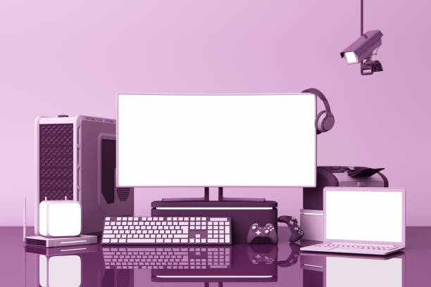 istock Computer and loptop white screen with many gadgets on teble in purple tone. 3d rendering 1178984325