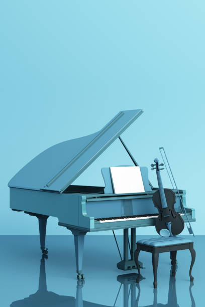 istock Grand piano with a violin on blue  pastel color background. 3d rendering 1178984540