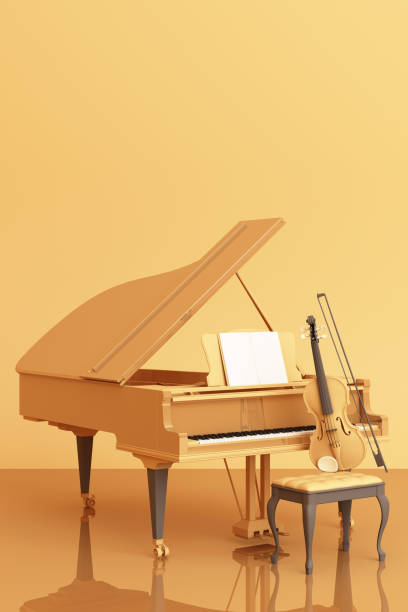 grand piano with a violin on yellow pastel color background. 3d rendering - piano piano key orchestra close up imagens e fotografias de stock