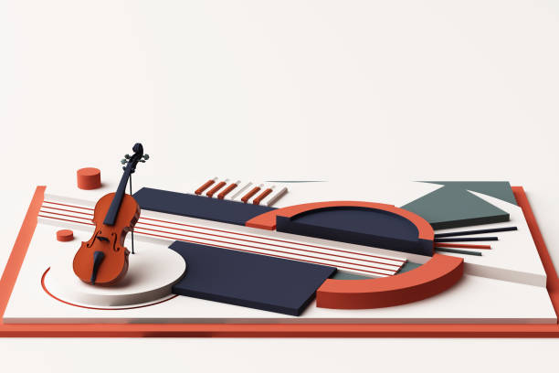 concetto di strumento per violino e musica, composizione astratta di piattaforme di forme geometriche in tono arancione e blu. rendering 3d - piano piano key orchestra close up foto e immagini stock