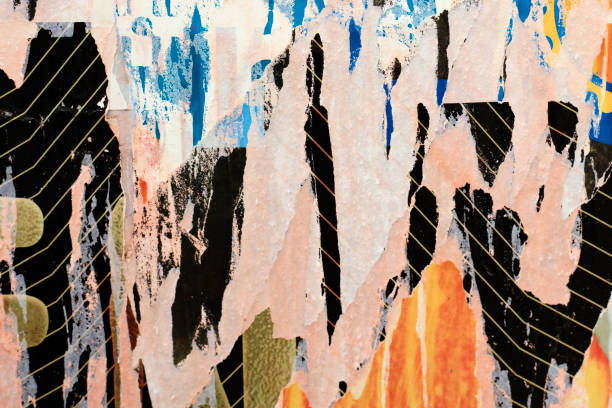Pieces of torn paper peeling off wall used as billboard Torn Ripped Paper Poster Street Wall Surface. Grunge Rough Dirty Rust Background layered artwork stock pictures, royalty-free photos & images