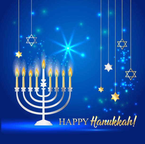 ilustraciones, imágenes clip art, dibujos animados e iconos de stock de feliz hanukkah brillante fondo con menorah, david star y efecto bokeh. ilustración vectorial en azul. - hanukkah menorah candle blue