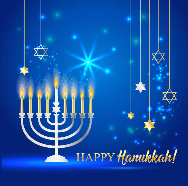 illustrations, cliparts, dessins animés et icônes de happy hanukkah shining background avec menorah, david star et bokeh effect. illustration de vecteur sur le bleu. - menorah hanukkah israel judaism