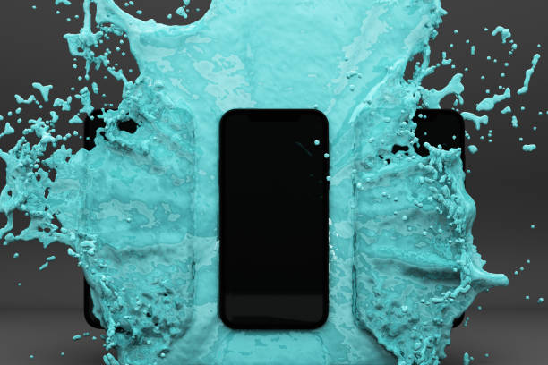 istock 3D rendered image of smartphone splashing into blue water on grey background 1178985107
