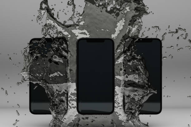 istock 3D rendered image of smartphone splashing into water on grey background 1178985112