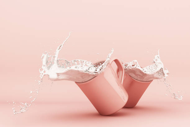 pouring milk into a cup, milk splashing in pink cup.3d rendering. - drink close up dairy product flowing imagens e fotografias de stock