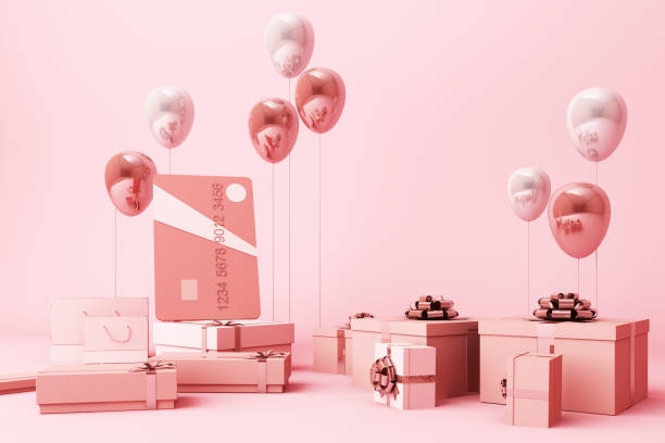 Pink credit card surrounding by a lot of giftboxs and balloons. 3d rendering Pink credit card surrounding by a lot of giftboxs and balloons. 3d rendering golden roses stock pictures, royalty-free photos & images