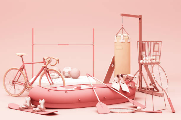 Sport equipments on pink background. 3d rendering