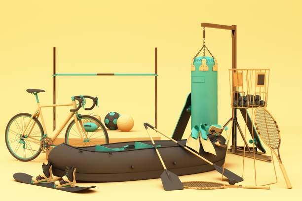istock Sport equipments on yellow background. 3d rendering 1178985387