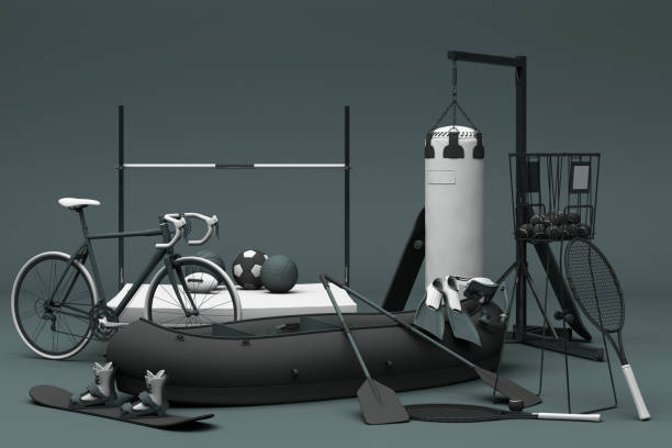 istock Sport equipments on black background. 3d rendering 1178985426