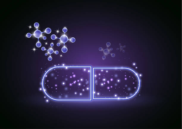 illustrazioni stock, clip art, cartoni animati e icone di tendenza di capsula al neon astratta, pillola con molecole. il concetto di medicina, sanità, farmacia e scienza moderna. - pill purple capsule vitamin pill