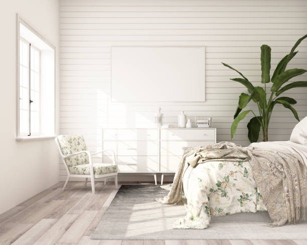 istock Mock-up poster frame in bedroom, modern classic style with white wooden wall, 3d render 1178988369