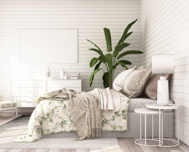 istock Mock-up poster frame in bedroom, modern classic style with white wooden wall, 3d render 1178988385