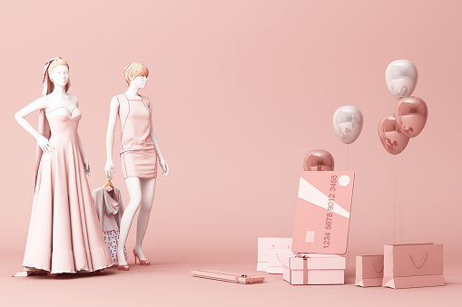 Mannequin surrounded by shopping bag and the gift box with credit card on the pink backdrop.-3d rendering