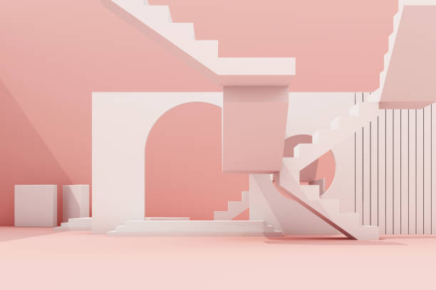 istock Geometric shape composition with stair and arch on pink background. 3d rendering 1178988679