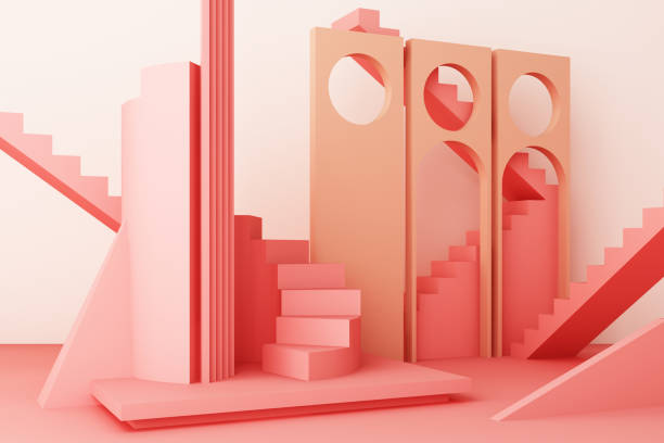 istock Geometric shape composition with stair and arch on pink background. 3d rendering 1178989510