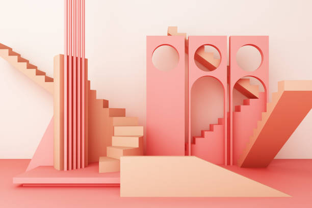 istock Geometric shape composition with stair and arch on pink background. 3d rendering 1178989511
