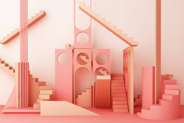 istock Geometric shape composition with stair and arch on pink background. 3d rendering 1178989512