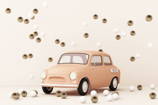 Pink classic car surrounding by gold and white ball. 3d rendering