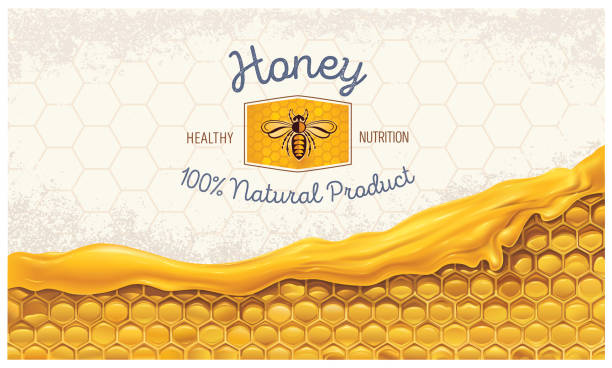 Honey combs with design element Honey combs with honey, and a symbolic simplified image of a bee as a design element on a textural background. label backgrounds stock illustrations