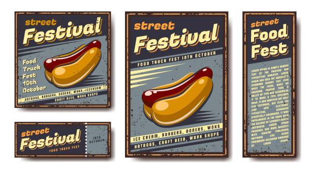 Fast food retro poster. Vector set of emblems, banners, posters. In retro, vintage, old style. Your design and text. Metal sign. Collection of posters. retro 1950s kitchen stock illustrations